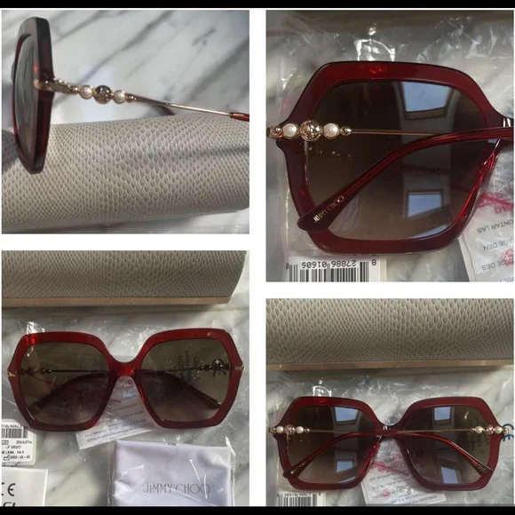 JIMMY CHOO BURGUNDY RED SQUARE SUNGLASSES WITH PEARLS Jimmy Choo - Esther/s 57 - Opal Burgundy Square-Frame  main image 4